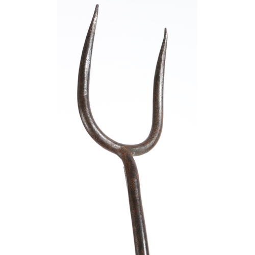 517 - A good and heavy George III wrought iron log fork, circa 1800

 Of two tines, and having a long stem... 