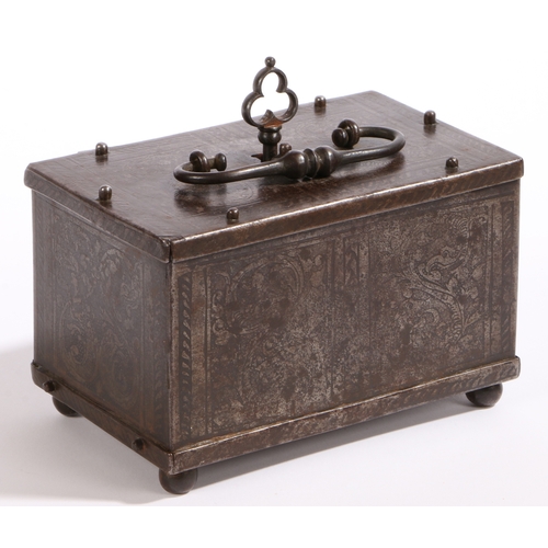 527 - A fine and small etched steel table casket, Nuremberg/Augsburg, circa 1600

 Of rectangular form, th... 