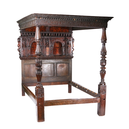 528 - A fine and rare Elizabeth I oak, sycamore, penwork and polychrome-decorated tester bed, circa 1570 a... 