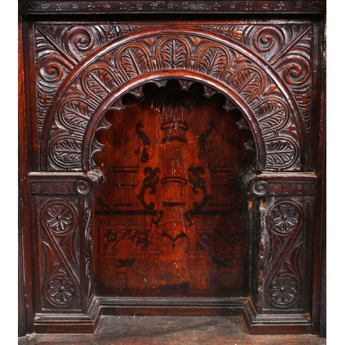 528 - A fine and rare Elizabeth I oak, sycamore, penwork and polychrome-decorated tester bed, circa 1570 a... 