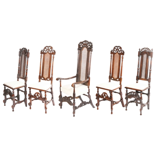 529 - A harlequin set of five William & Mary walnut, beech, ash and cane high-back side chairs, circa 1690... 