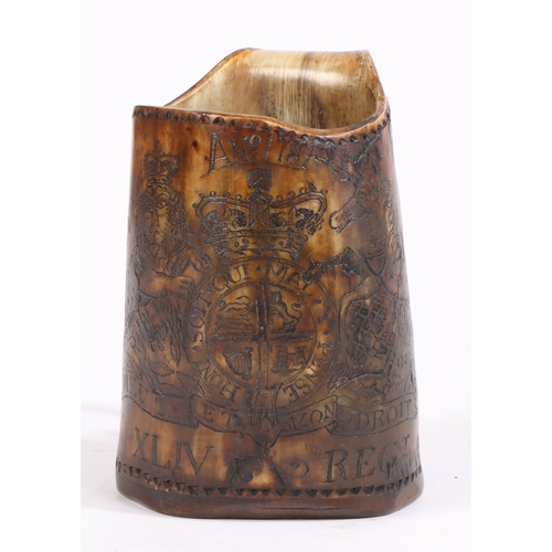 540 - An interesting early George III engraved horn tankard, dated 1761

 Engraved with the royal cypher, ... 