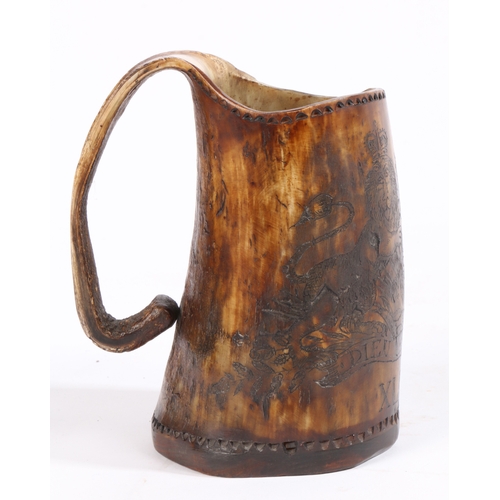 540 - An interesting early George III engraved horn tankard, dated 1761

 Engraved with the royal cypher, ... 