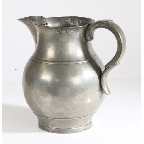 56 - An early 19th century pewter OEAS gallon ale jug, circa 1800-50

 Having a bulbous body with single ... 
