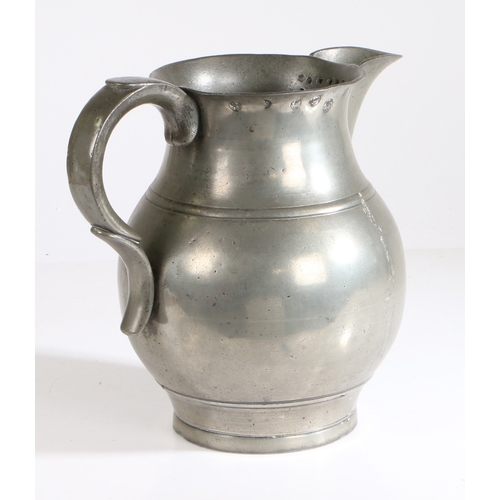 56 - An early 19th century pewter OEAS gallon ale jug, circa 1800-50

 Having a bulbous body with single ... 