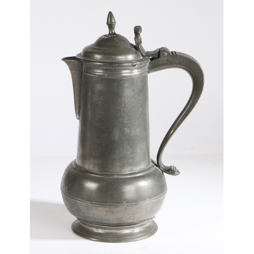 62 - A George II pewter OEWS gallon spouted acorn-shaped knopped flagon, York, circa 1750

 The body of t... 
