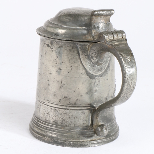 63 - A George II pewter OEAS pint domed-lidded straight-sided tankard, circa 1750

 The drum with low fil... 