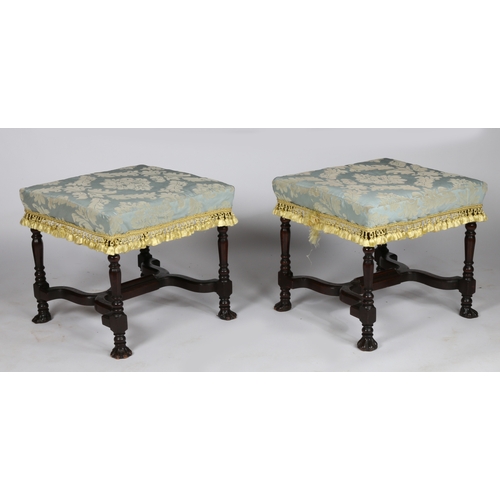 655 - A pair of early 18th century walnut stools, circa 1700-20

 Each rectangular stuff-over seat upholst... 