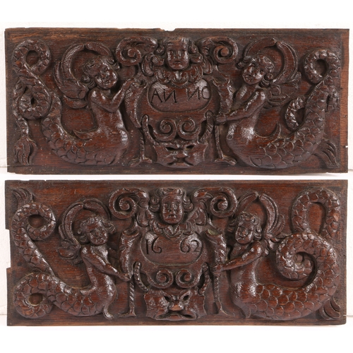 660 - A pair of 17th century oak panels, dated 1662

 Each designed with a pair of mermaids, centred by a ... 