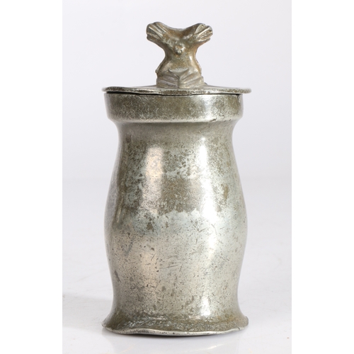 67 - A rare Queen Anne pewter OEWS gill bud baluster measure, circa 1710

 Having a flat-lid struck with ... 