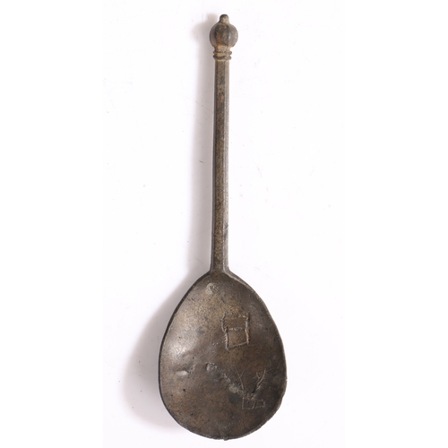 7 - A mid-16th century latten hexagonal knop spoon, English, circa 1550

 With gently tapering hexagonal... 