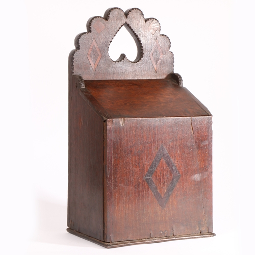 716 - Folk art interest: an early 19th century oak and inlaid mural candle box, Welsh

 The back plate wit... 