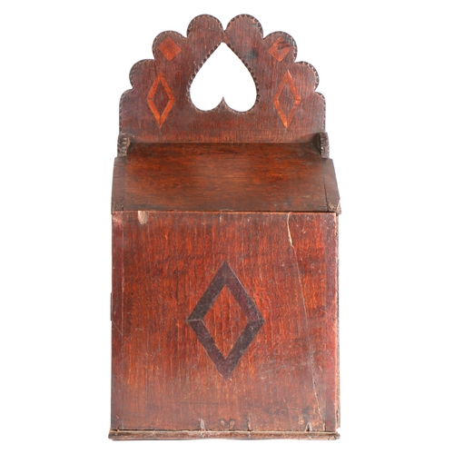 716 - Folk art interest: an early 19th century oak and inlaid mural candle box, Welsh

 The back plate wit... 