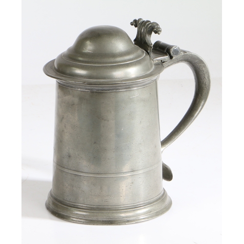 79 - A Queen Anne/George I pewter OEWS quart domed-lidded straight-sided tankard, attributed to Wigan, ci... 