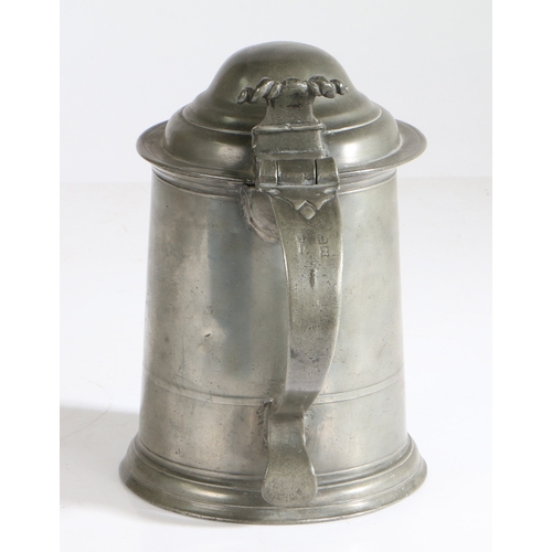 79 - A Queen Anne/George I pewter OEWS quart domed-lidded straight-sided tankard, attributed to Wigan, ci... 