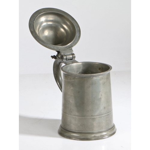 79 - A Queen Anne/George I pewter OEWS quart domed-lidded straight-sided tankard, attributed to Wigan, ci... 