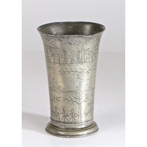 87 - A fine and interesting pewter wrigglework decorated beaker, Dutch, circa 1700-10

 Of typical tall, ... 