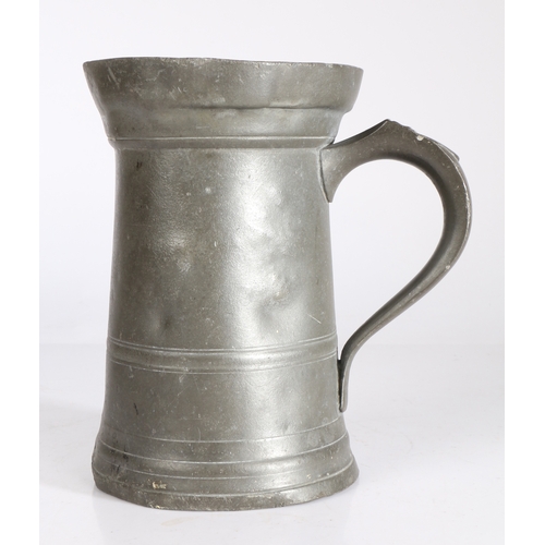 88 - A George III pewter OEWS quart straight-sided mug, converted to Imperial capacity by extending the l... 