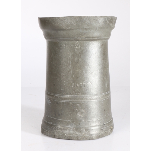 88 - A George III pewter OEWS quart straight-sided mug, converted to Imperial capacity by extending the l... 