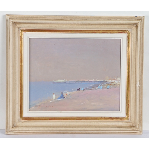 181 - Fred Cuming, RA (British, 1930-2022)
 Beach Scene with Distant Pier
 signed (lower left), oil on boa... 