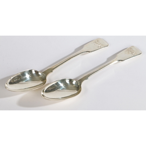 21 - A pair of fiddle pattern, monogramed silver table spoons, London 1833/1836 one by Montague Levyson, ... 