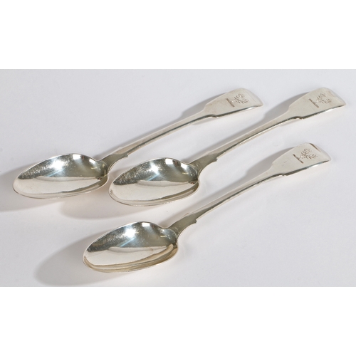 27 - Three crested silver fiddle pattern table spoons, London 1831, Hyam Hyams, 234g total weight (3)