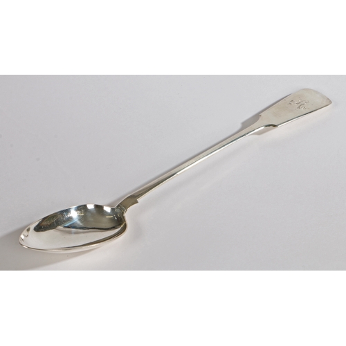 28 - An extremely large crested provincial silver fiddle pattern basting spoon, Exeter 1856, John Stone 1... 