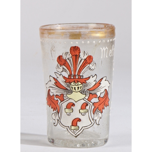 52 - A German glass and enamel beaker, in the 16th Century taste 

 Designed with a coat of arms, the nam... 