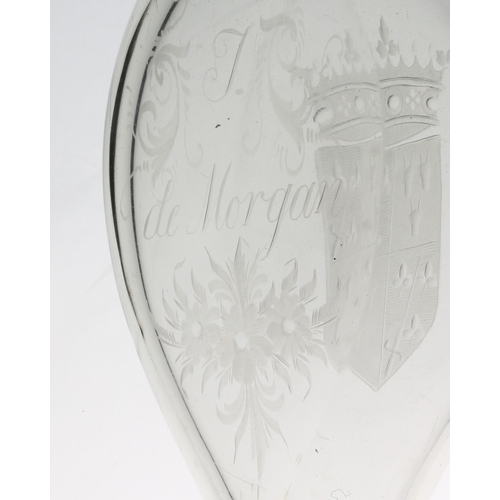 56 - A Victorian English glass flask, circa 1870, engraved with the name T. Morgan and a crest to the opp... 