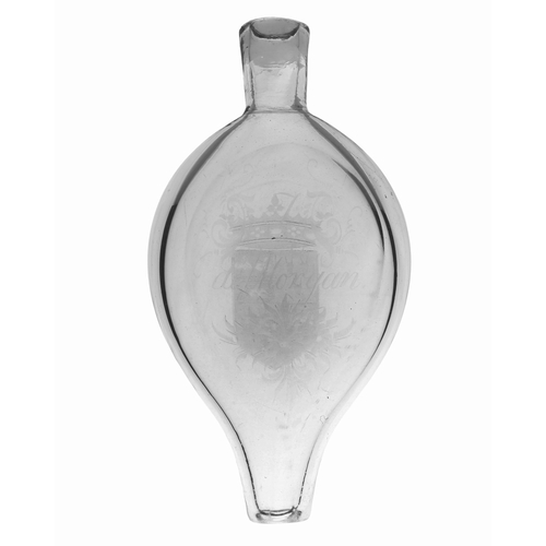 56 - A Victorian English glass flask, circa 1870, engraved with the name T. Morgan and a crest to the opp... 