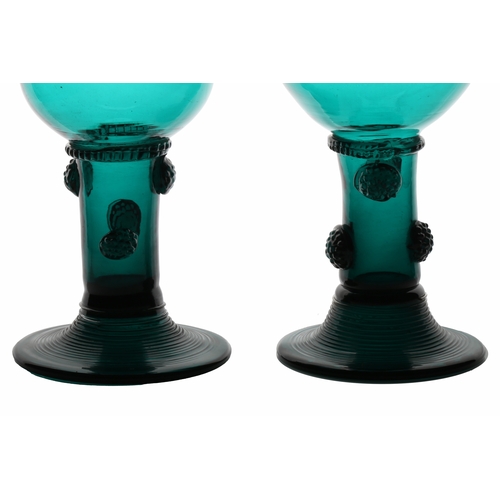 60 - A pair of  English 18th Century green roemer glass, circa 1780, the cup with multi applied raspberry... 