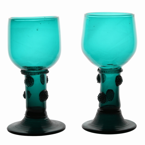 60 - A pair of  English 18th Century green roemer glass, circa 1780, the cup with multi applied raspberry... 