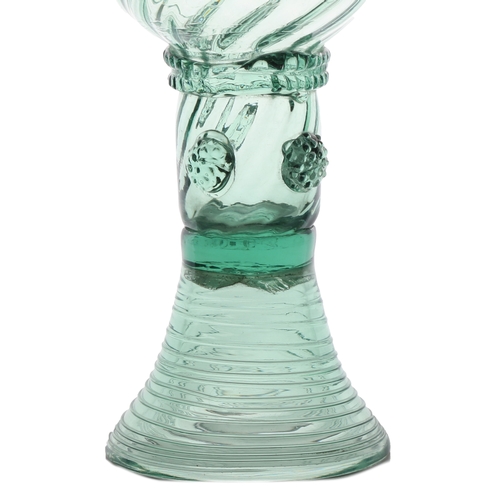 61 - An English 18th Century green roemer glass, circa 1700, the wrythen cup with multi applied raspberry... 