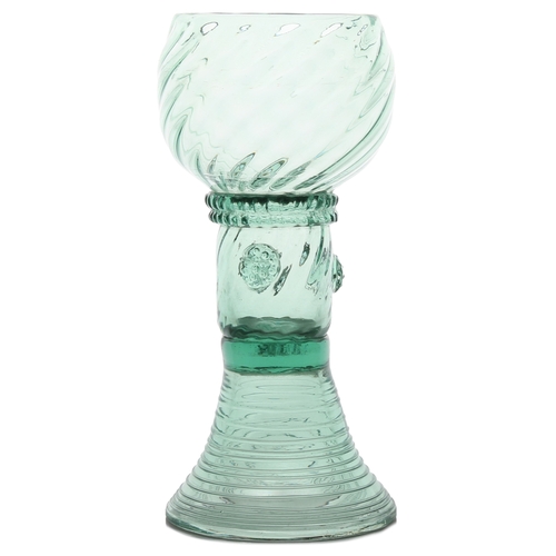 61 - An English 18th Century green roemer glass, circa 1700, the wrythen cup with multi applied raspberry... 