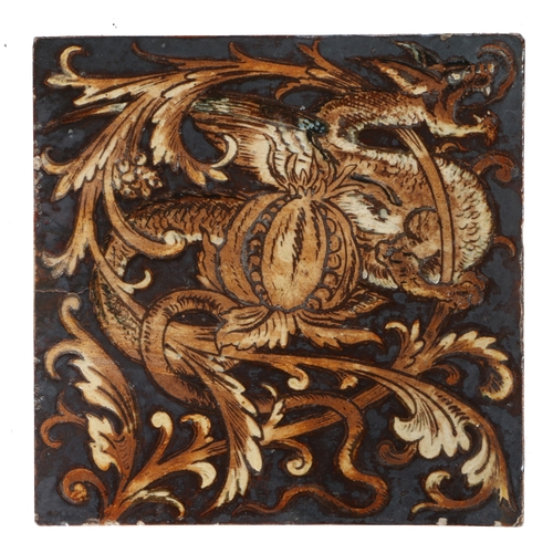 76 - A Martin Brothers stoneware dragon tile, circa 1895, of square form with incised decoration and pain... 