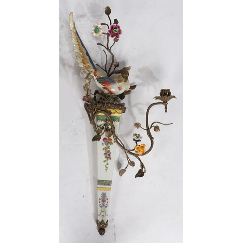 83 - Pair of Meissen style porcelain and gilt metal mounted wall sconce, both with modeled birds of parad... 