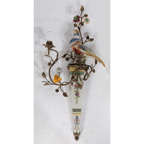 83 - Pair of Meissen style porcelain and gilt metal mounted wall sconce, both with modeled birds of parad... 