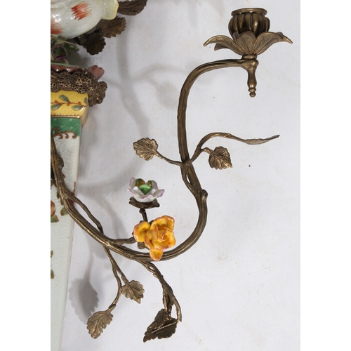 83 - Pair of Meissen style porcelain and gilt metal mounted wall sconce, both with modeled birds of parad... 