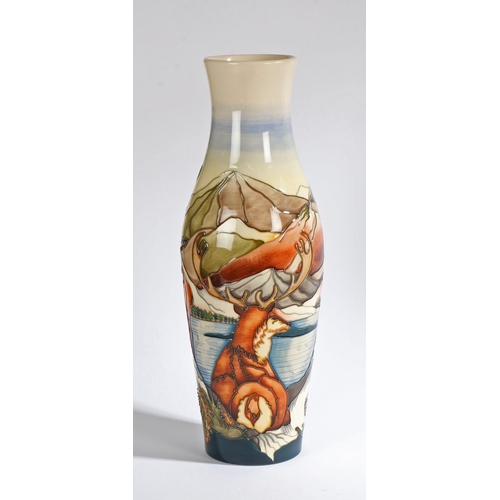 92 - A Moorcroft Pottery Highland Stag vase,  designed by Kerry Goodwin, inscribed to base trial 10.b.13,... 