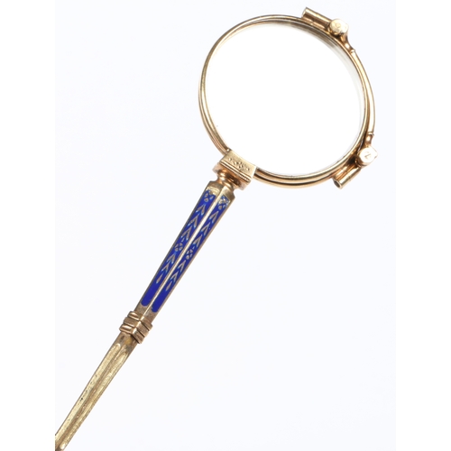 108 - A pair of gilt and blue enamel lorgnettes, the tapering blue enamel handle with release catch to the... 