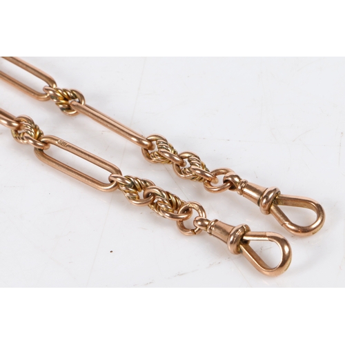 115 - A 9 carat gold pocket watch chain, formed from oval links, with a clip to each end, 57cm long, 50g