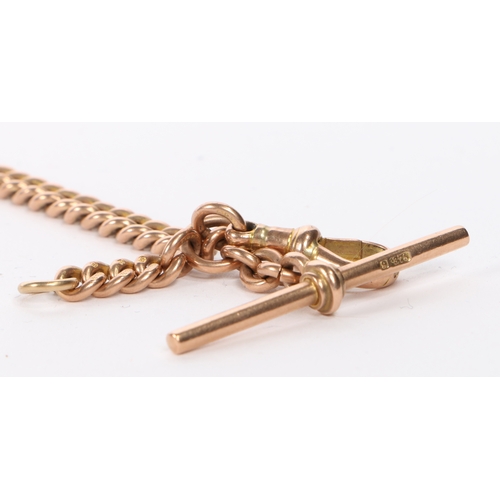 116 - A 9 carat gold pocket watch chain, formed from oval links, with T bar and clip to each end, 35cm lon... 