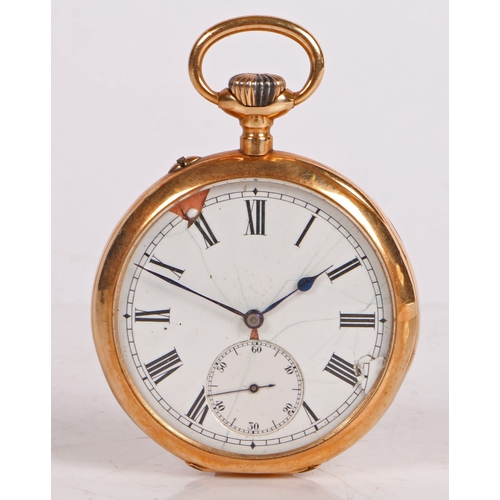 132 - An IWC 14 carat gold open face pocket watch, the white enamel dial with Roman numerals, outer minute... 