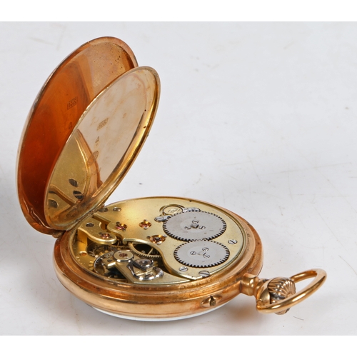 132 - An IWC 14 carat gold open face pocket watch, the white enamel dial with Roman numerals, outer minute... 