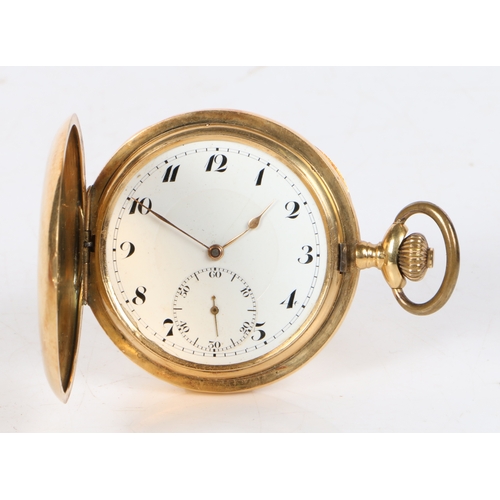 133 - An 18 carat hunter pocket watch, the white enamel dial with Arabic numeral, outer minutes track and ... 