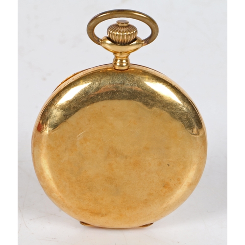 133 - An 18 carat hunter pocket watch, the white enamel dial with Arabic numeral, outer minutes track and ... 