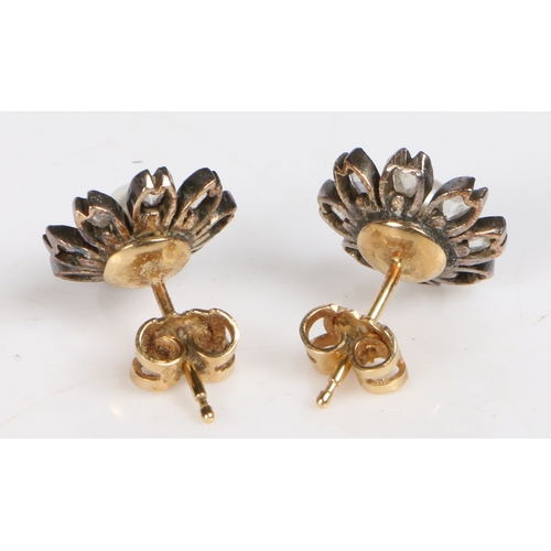 43 - A pair of rose cut diamond and pearl earrings, of flower head form, the central pearls with eight di... 