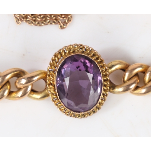 84 - A 15 carat gold and amethyst bracelet, the oval facet cut amethyst on a chain-link bracelet, with cl... 