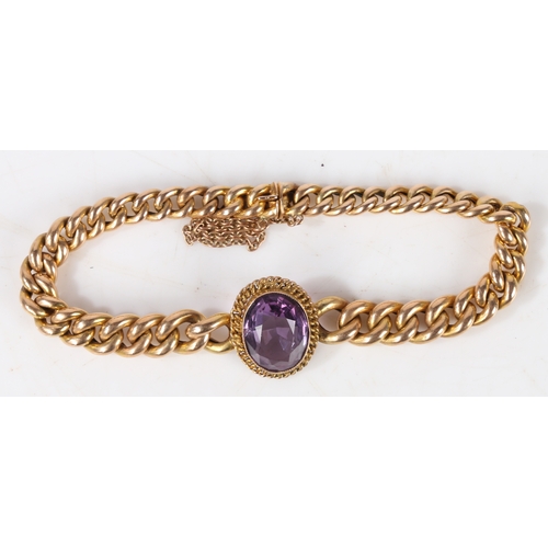 84 - A 15 carat gold and amethyst bracelet, the oval facet cut amethyst on a chain-link bracelet, with cl... 