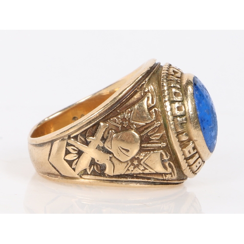 93 - An American 10 carat gold College style ring, the oval blue paste set head with inscription 